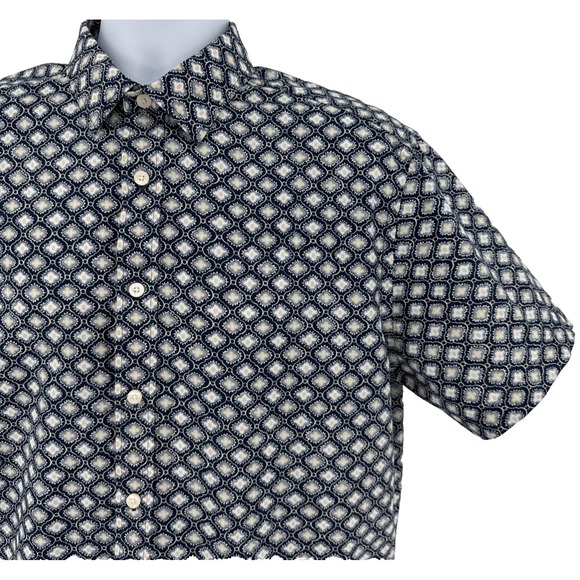 UNTUCKit Larz Short Sleeve Shirt L Navy Blue Medallion Print Casual Cotton - Picture 3 of 12